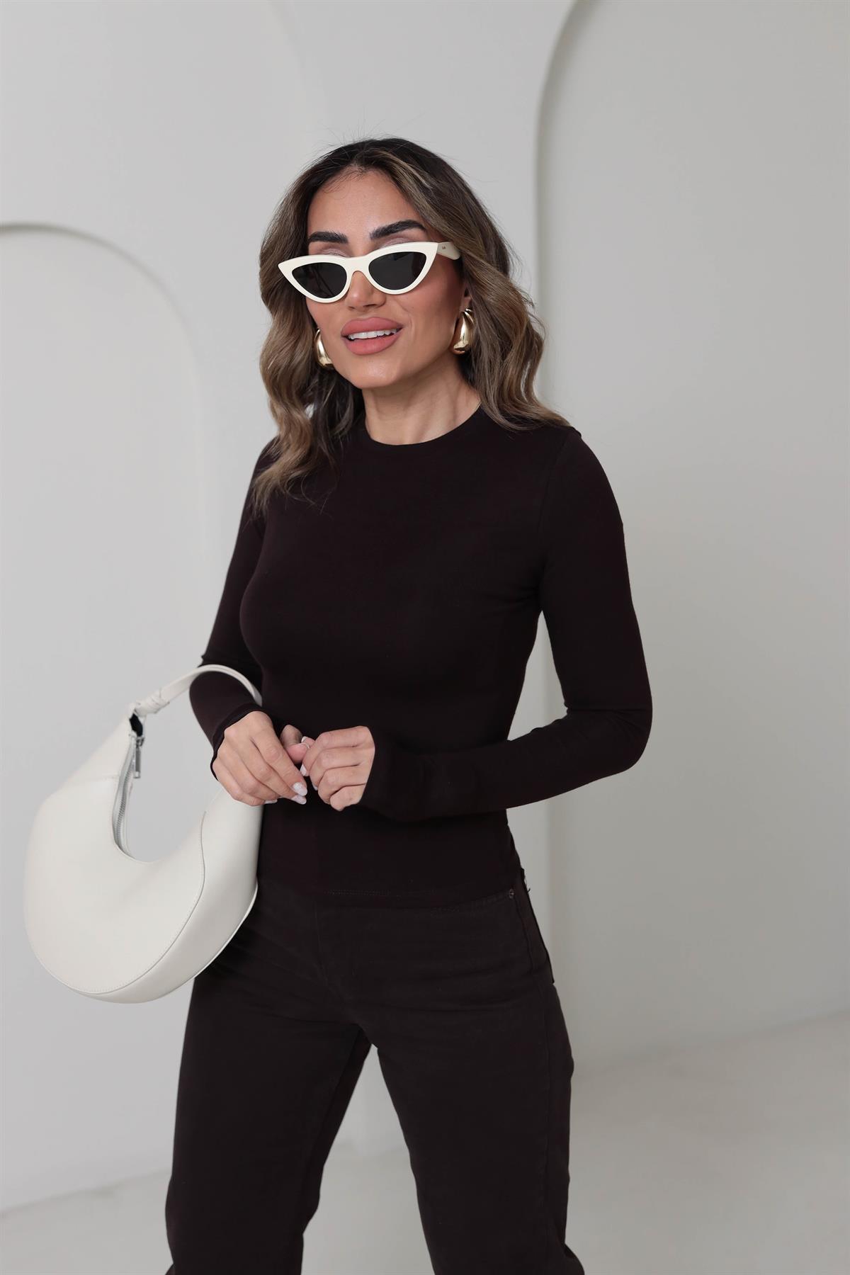 5068 Yumuşak Doku Parmak Geçmeli Bluz ACI KAHVE