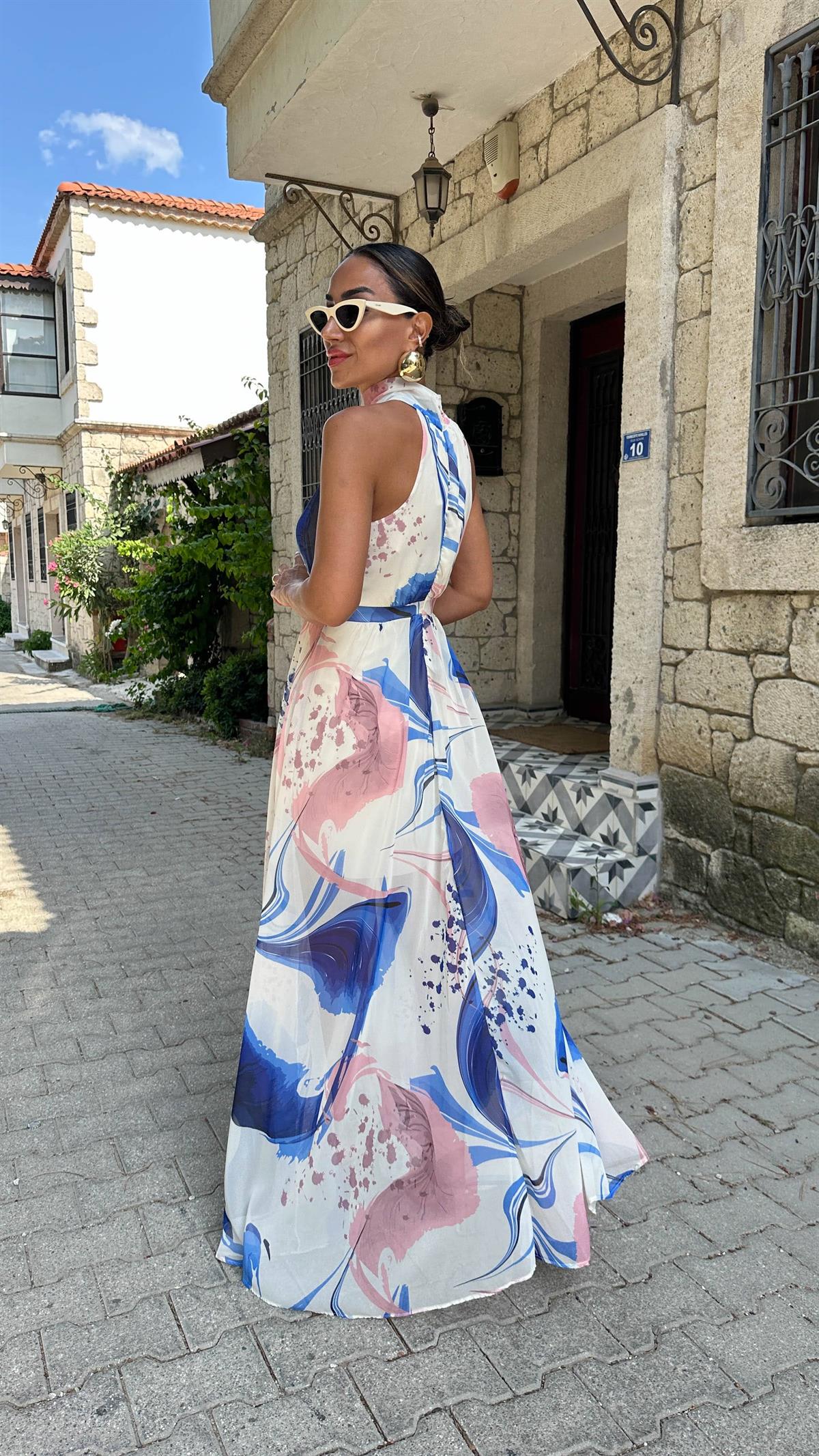 3242 Halter Yaka Desenli Elbise