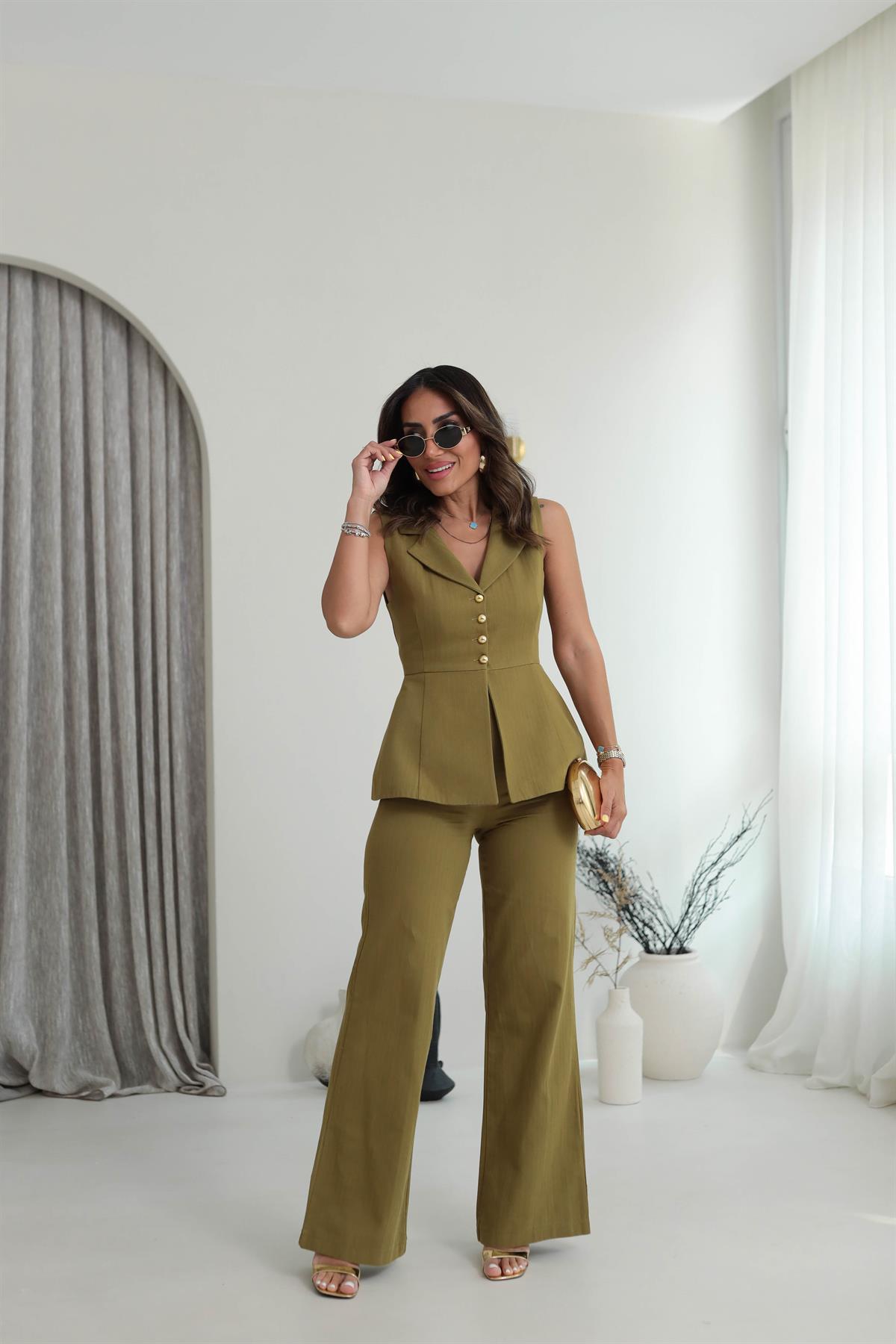 9206 Yıkamalı Keten Yelekli Takım OLİVE