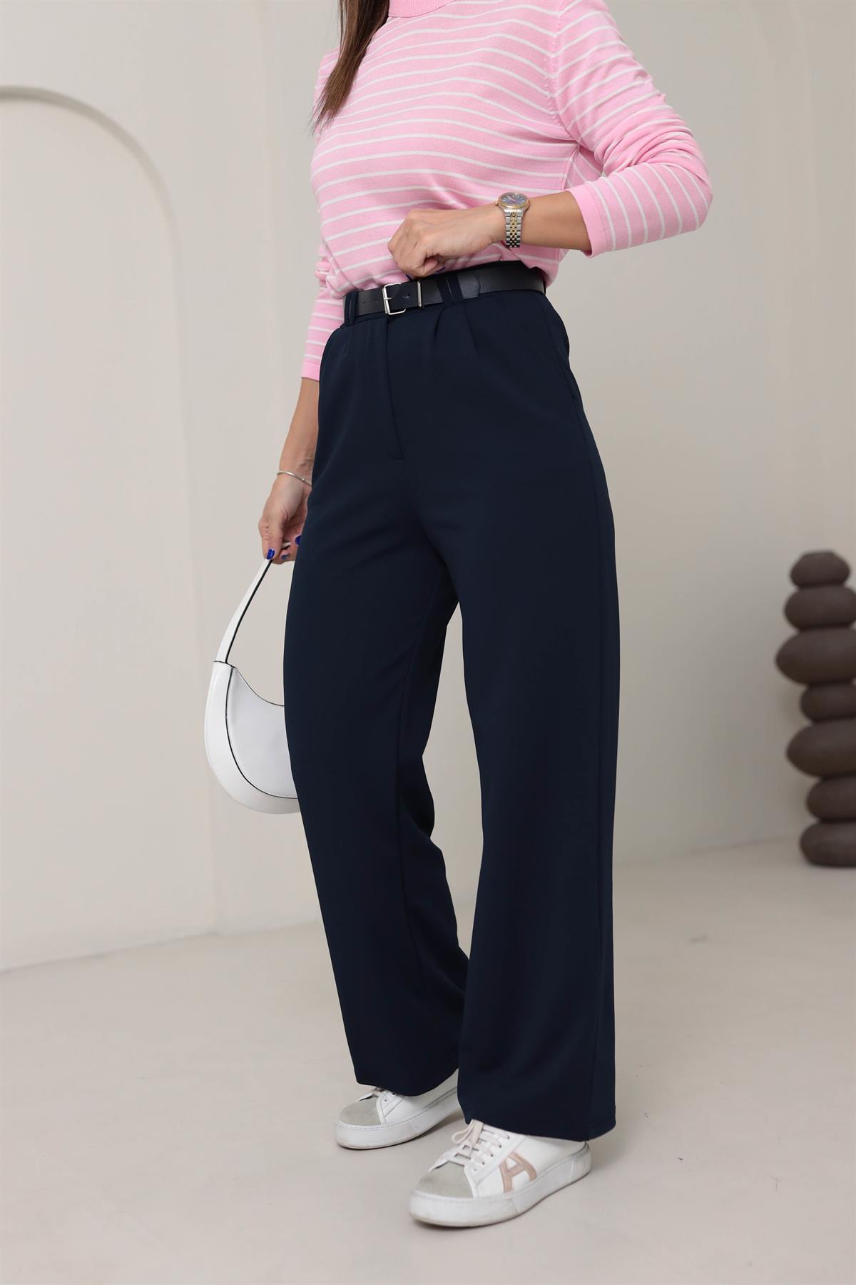 3851 Çift Pile Detaylı Kemerli Palazzo Pantolon LACİVERT