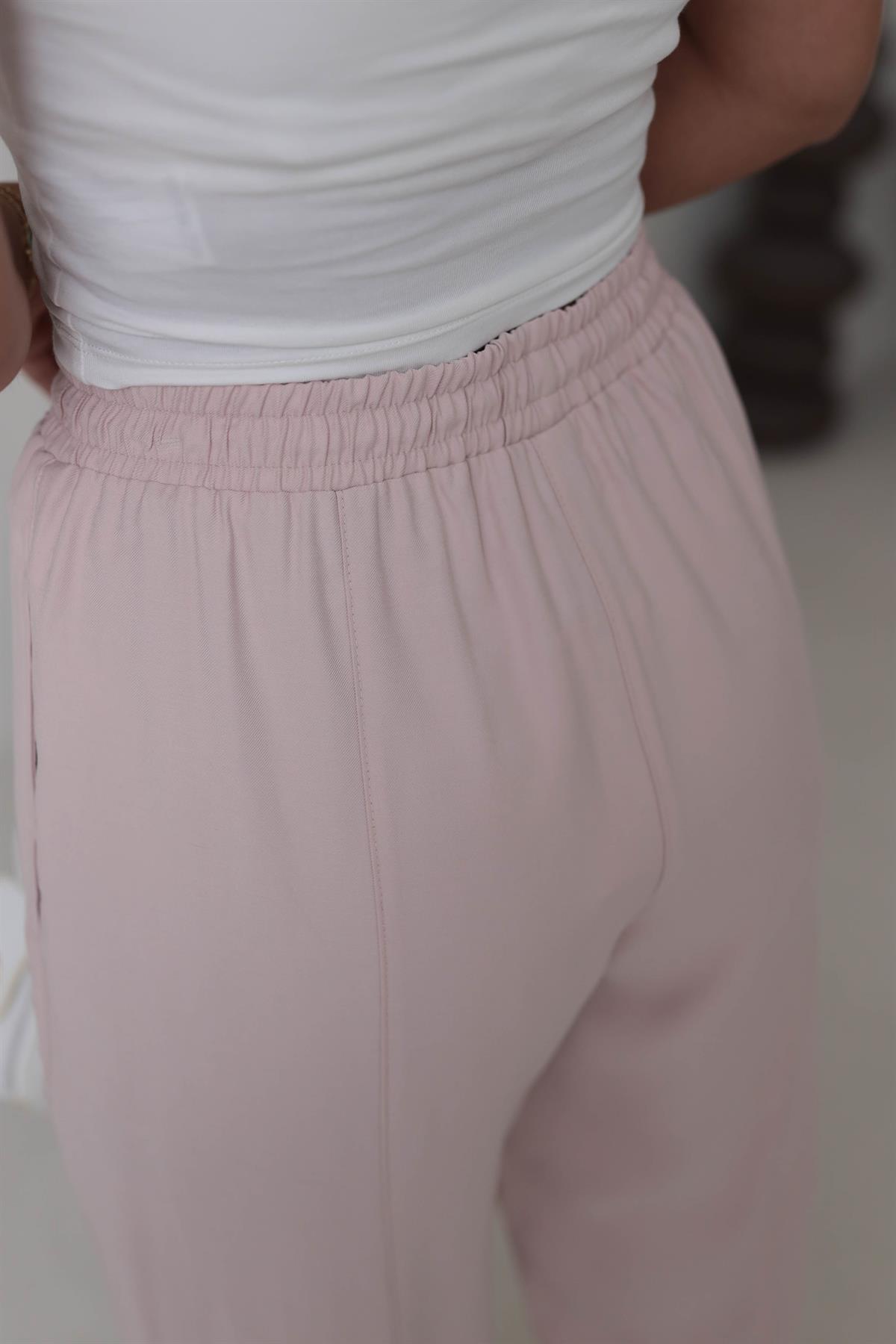 6703 Bel Lastikli Tencel Dokulu Boncuklu Pantolon PUDRA