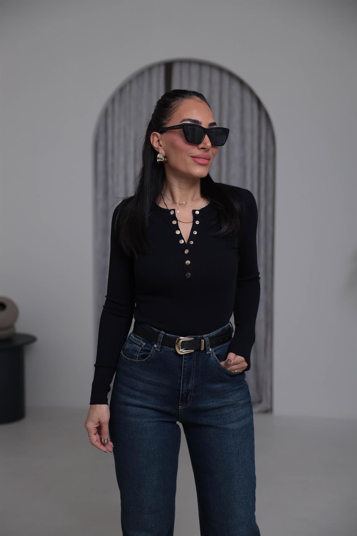 6363K Patlı Gold Düğmeli Pamuklu Bluz SİYAH