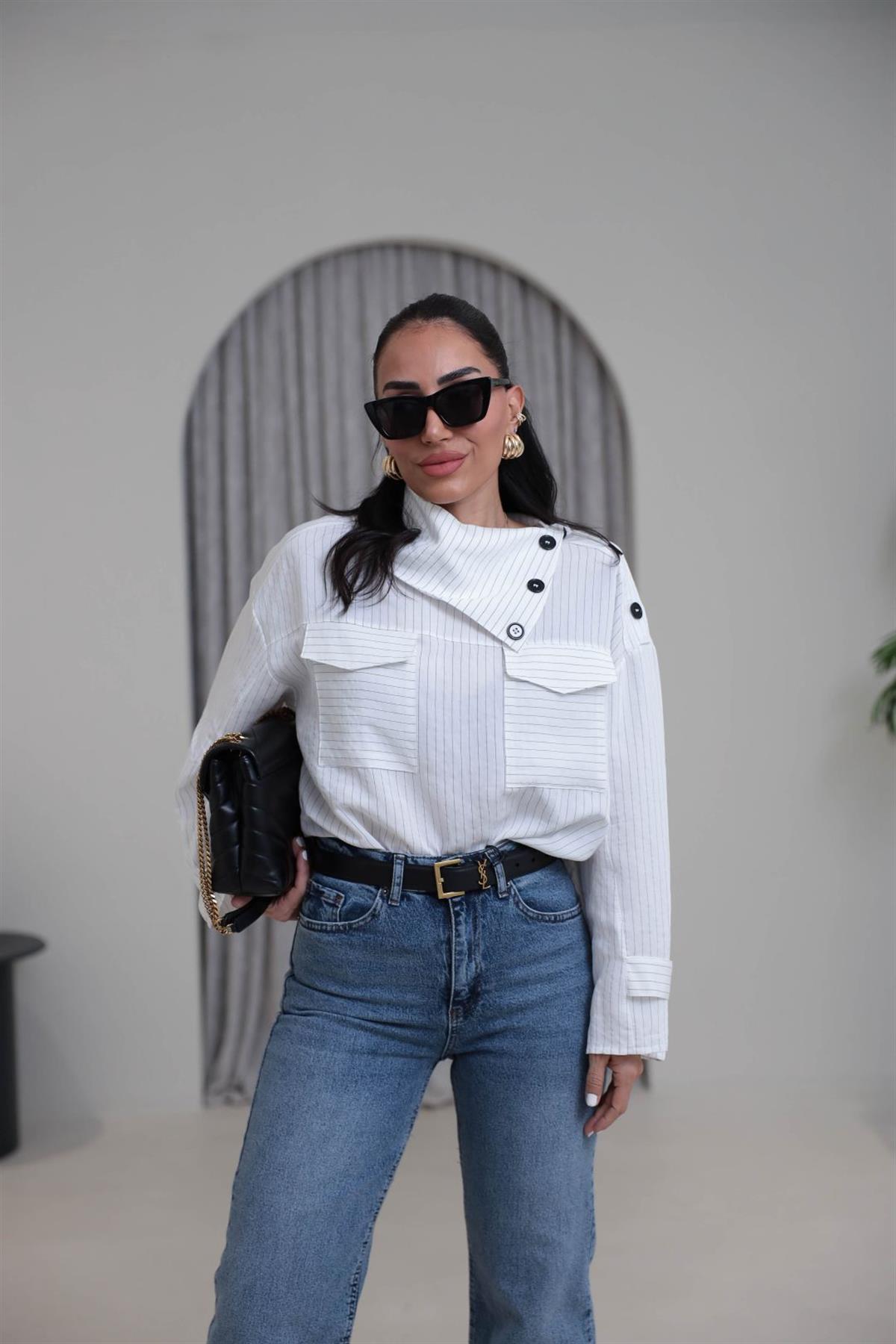 4067 Düğmeli Yaka Detay Çizgili Modal Gömlek BEYAZ