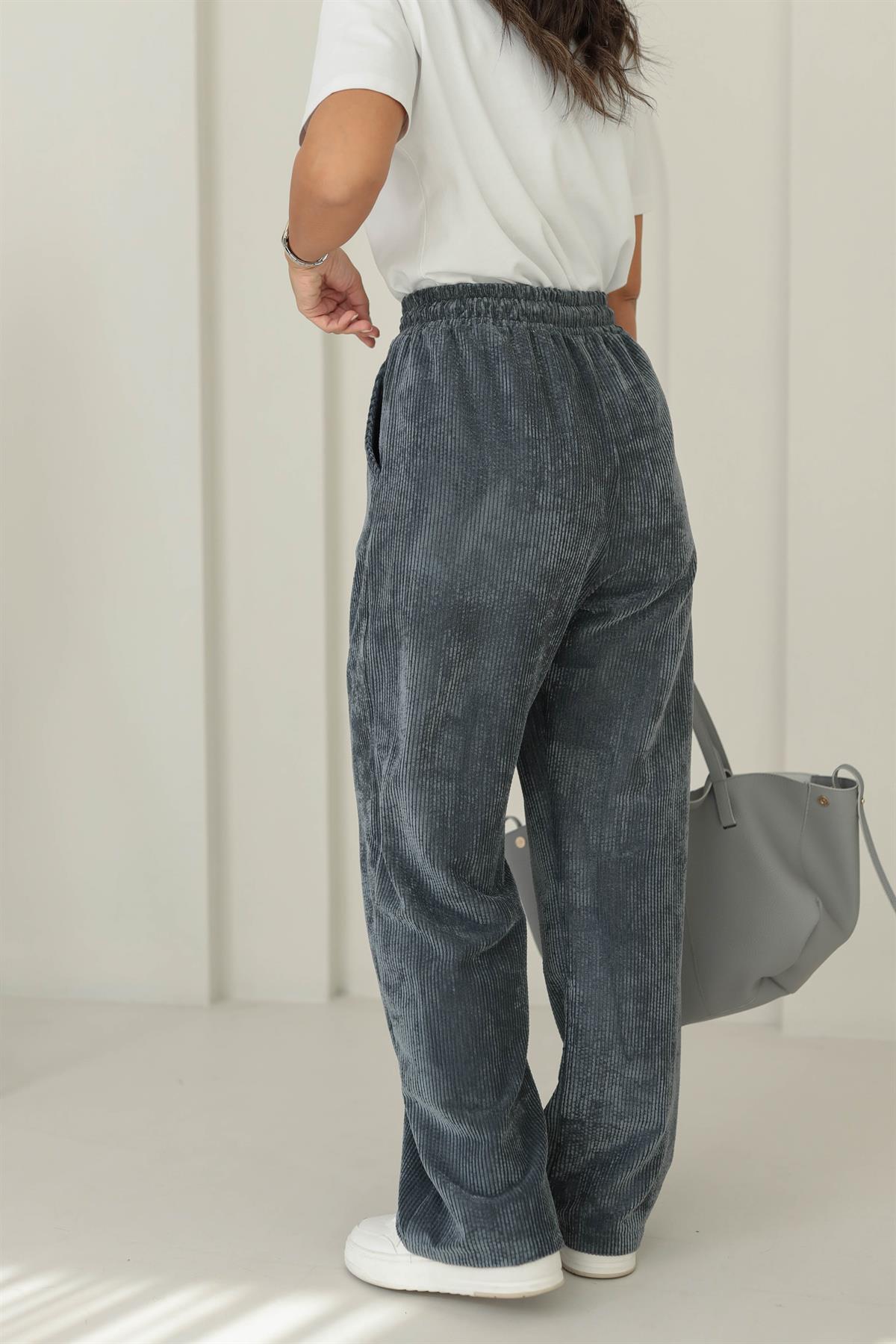 1211 Bol Kalıp Bel Lastikli Kadife Pantolon ANTRASİT