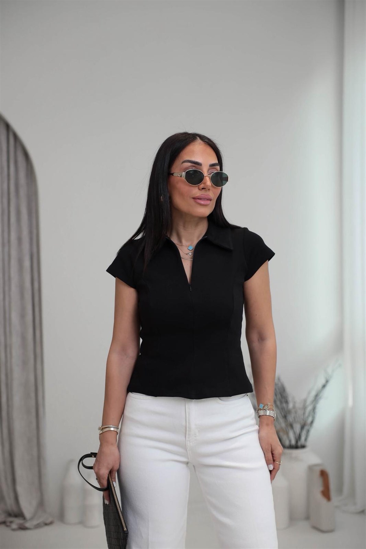 1070Y Yarım Fermuarlı Polo Yaka Pamuklu Tshirt SİYAH