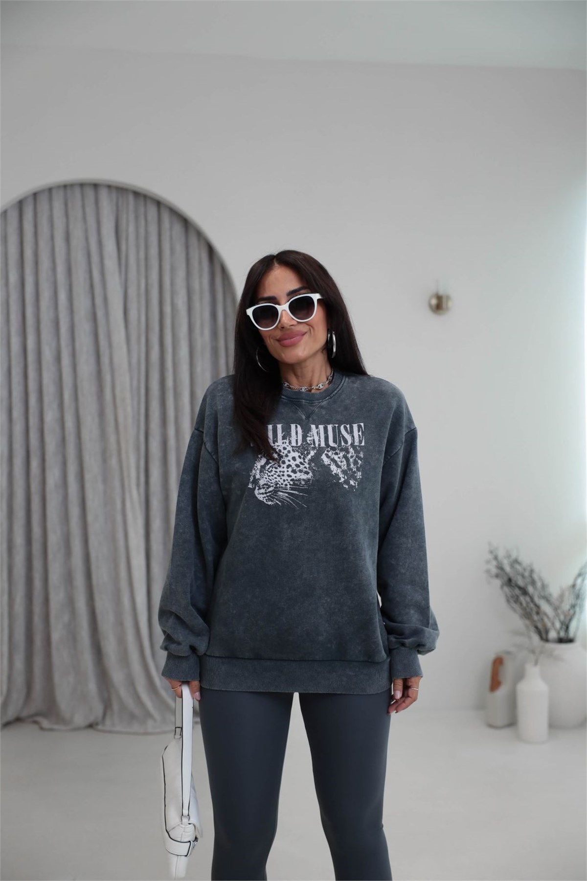9106 Kaplan Baskılı Ribanalı İki İplik Sweatshirt ANTRASİT