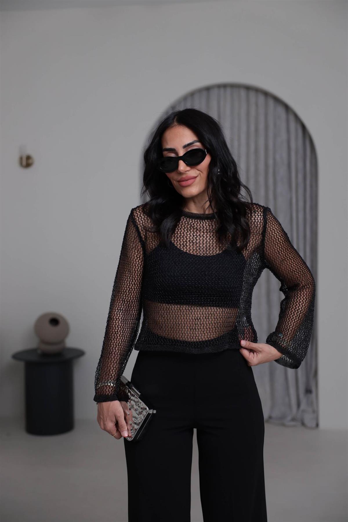 4404 Parlak Simli Ajurlu Kısa Triko SİYAH