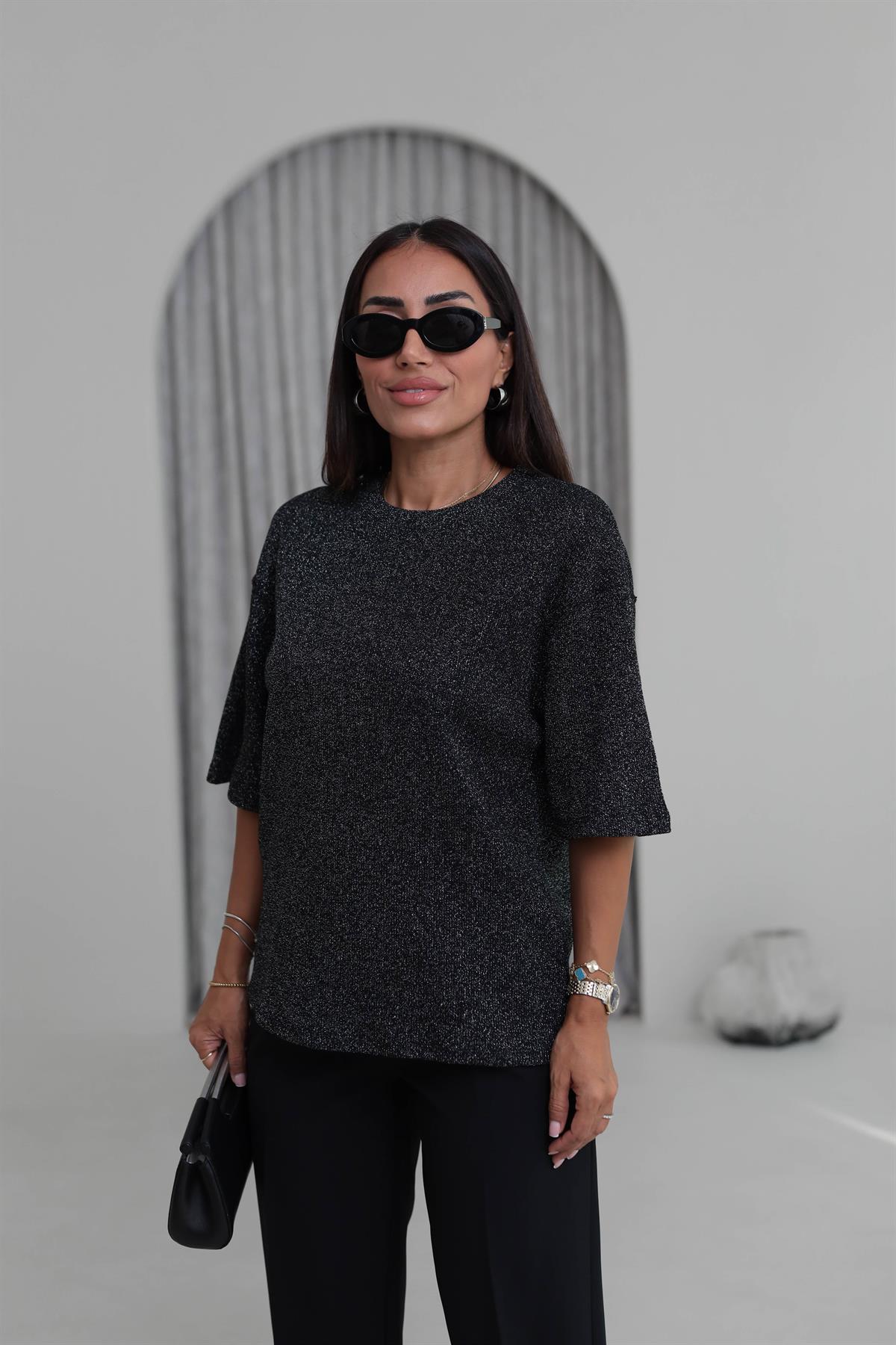 1165 Simli Bisiklet Yaka Triko Bluz SİYAH