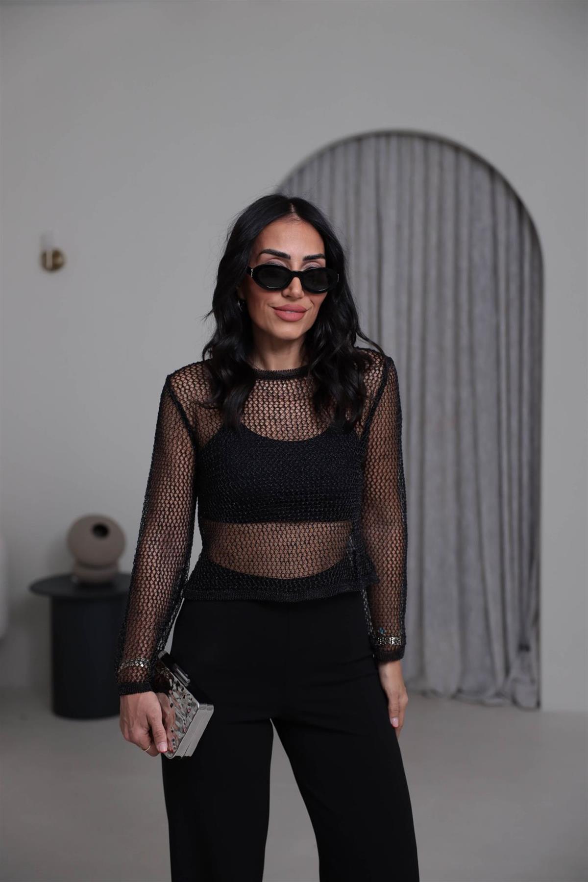 4404 Parlak Simli Ajurlu Kısa Triko SİYAH