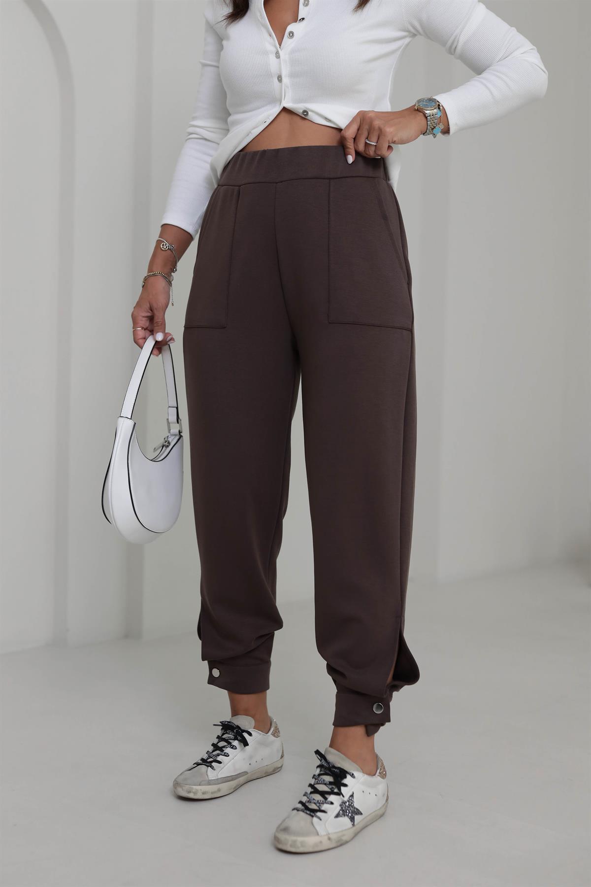 4591 Paçası Düğme Detaylı Cepli Modal Pantolon KAHVE