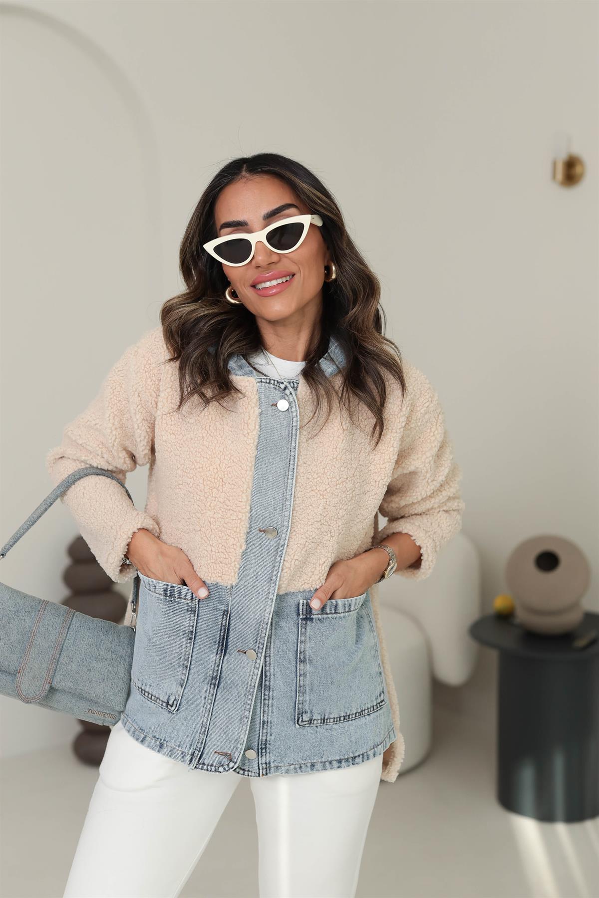 4163 Kot Garnili Kapşonlu Teddy Mont TAŞ