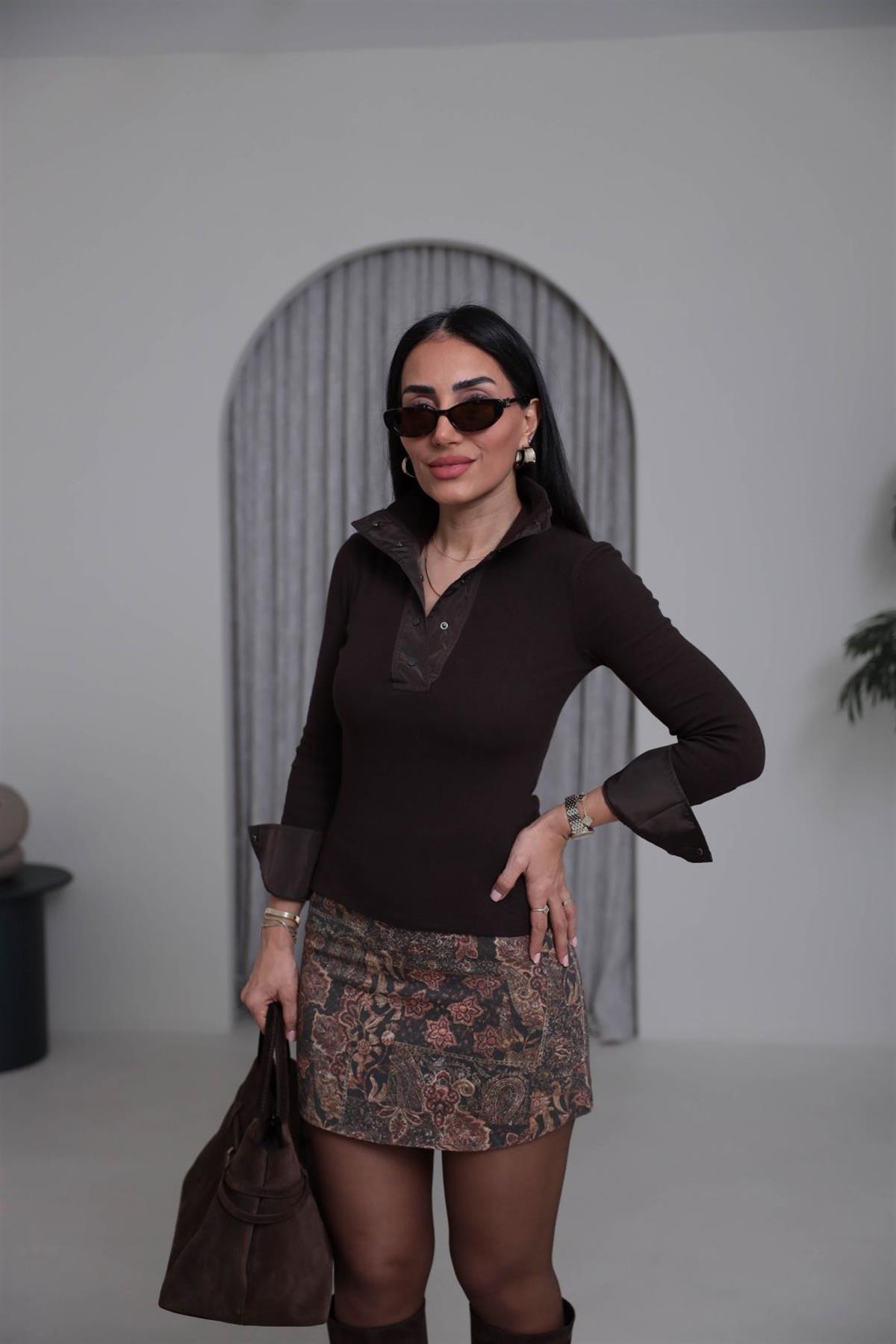 7009 Paraşüt Garnili Çıtçıtlı Triko Bluz ACI KAHVE