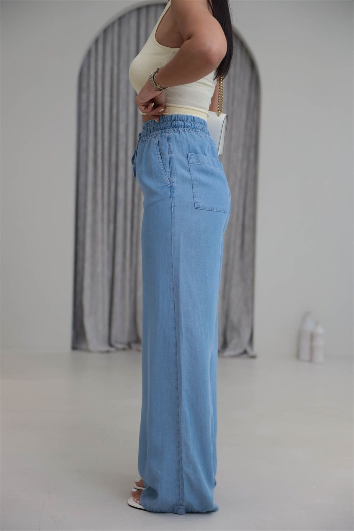 8298 Bel Lastikli Ultra Yumuşak Dokulu Palazzo Jean AÇIK MAVİ