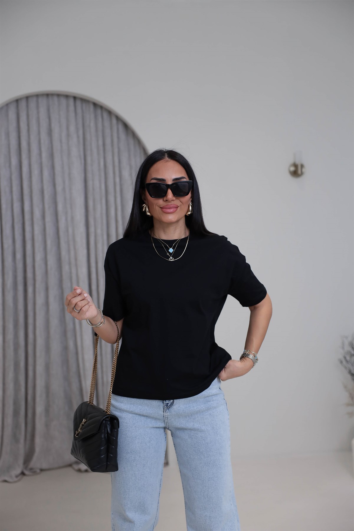 3683Y Bisiklet Yaka Pamuklu Basic Tshirt SİYAH