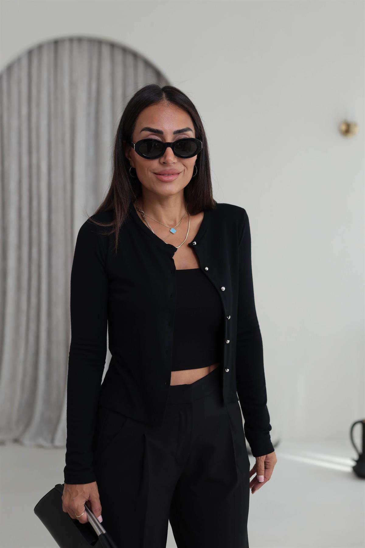 2122 Düğme Detaylı İnce Hırka SİYAH