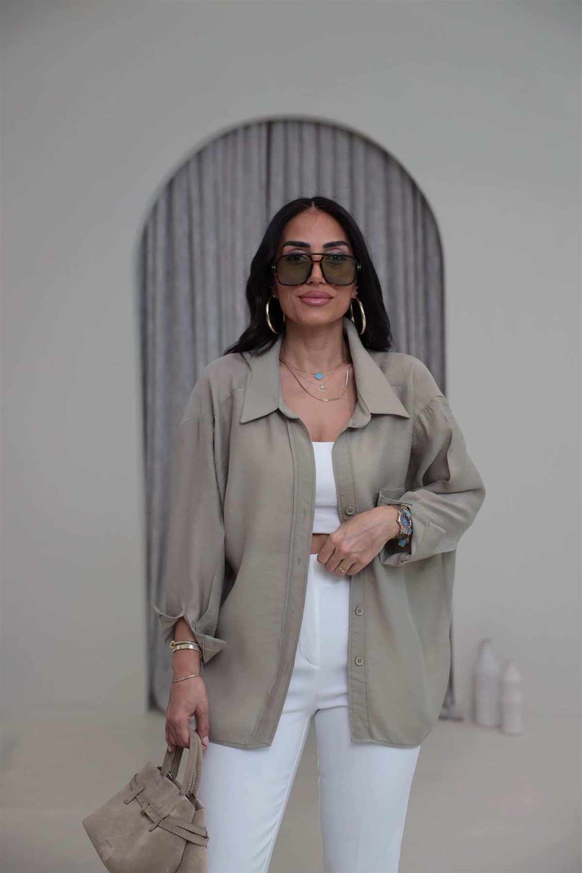 4612Y Tencel Omzu Düşük Oversize Gömlek OLİVE