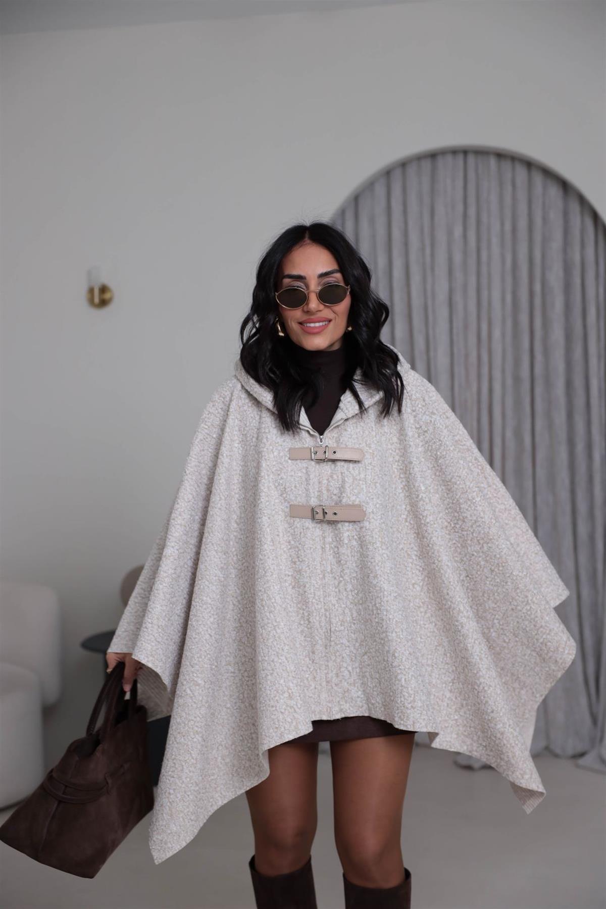 9175 Kemer Detay Kapşonlu Buklet Panço TAŞ