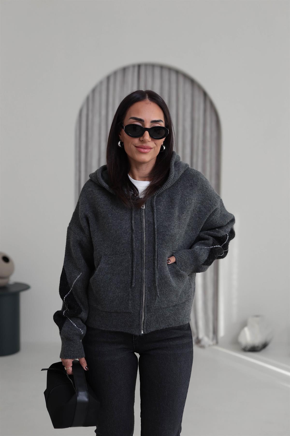 2536 Kol Desenli Fermuarlı Kapşonlu Triko Bomber ANTRASİT