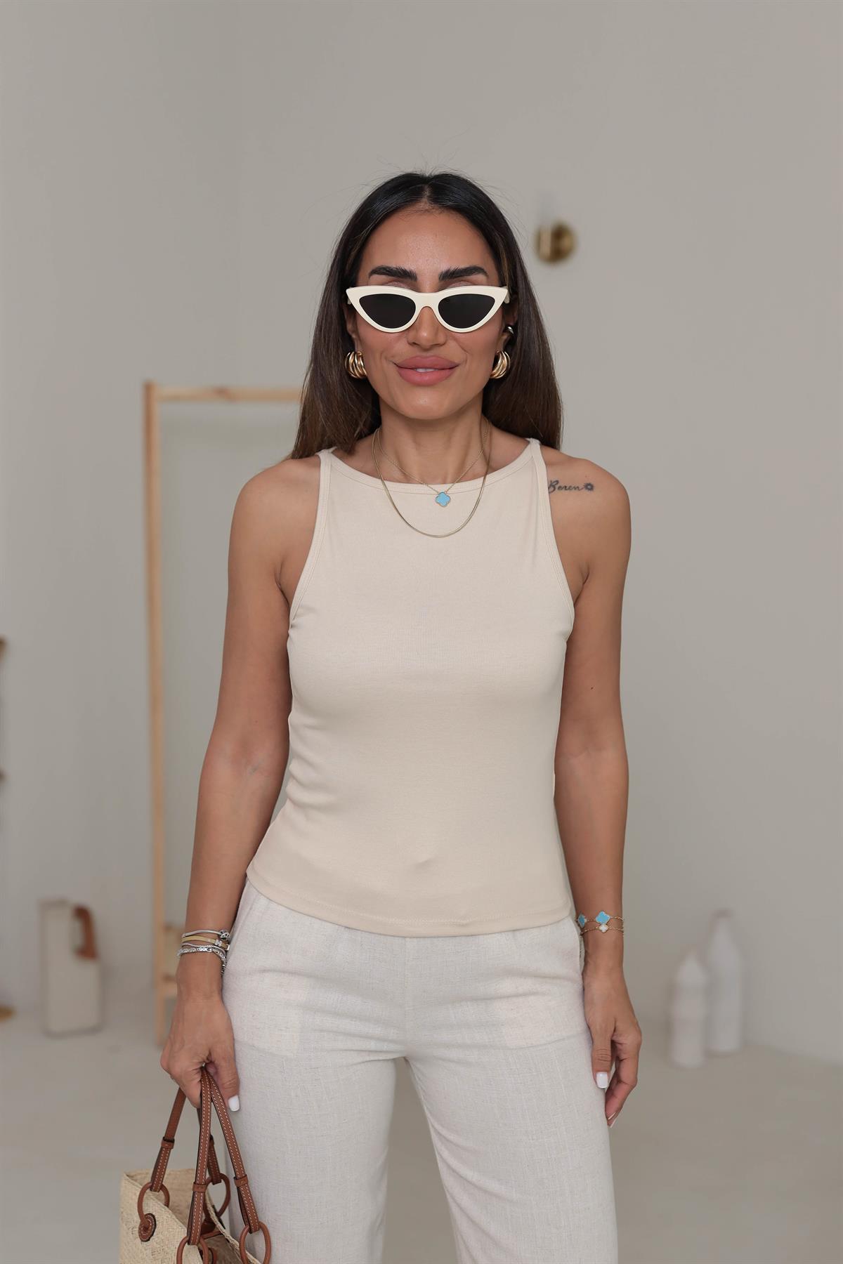 1048 Halter Yaka Pamuklu Top AÇIK BEJ