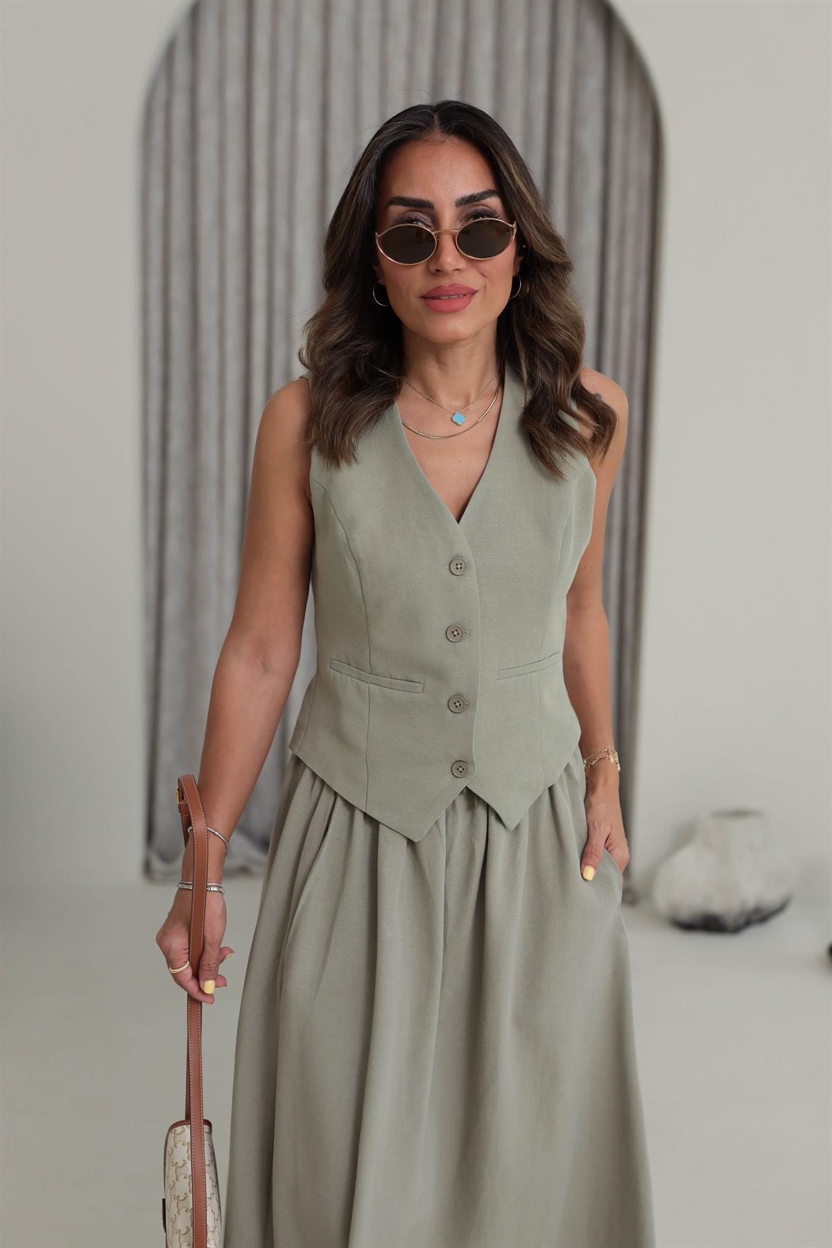 1144 Arka Toka Detay Terni Yelek HAKİ YEŞİL