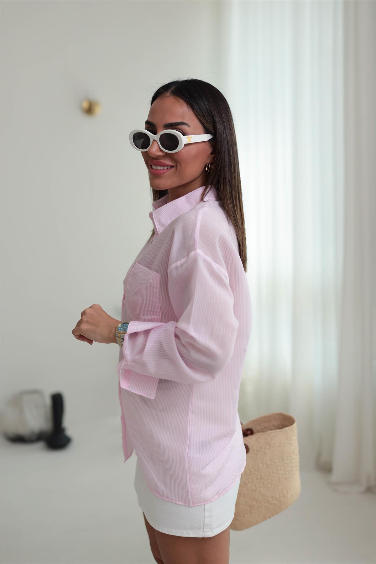 Çizgili İnce Gömlek PEMBE