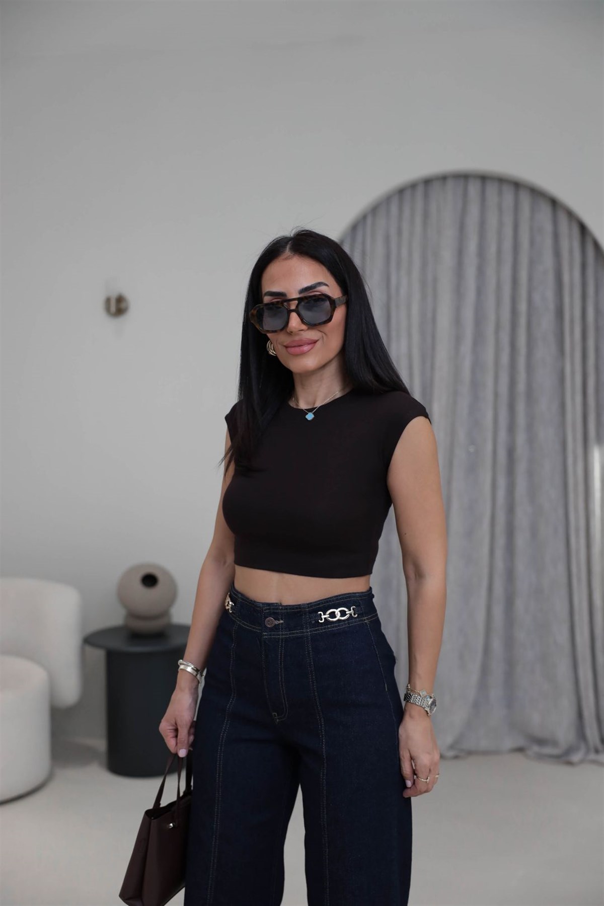 0528 Pamuk ve Modal Karışımlı Crop Top KAHVE