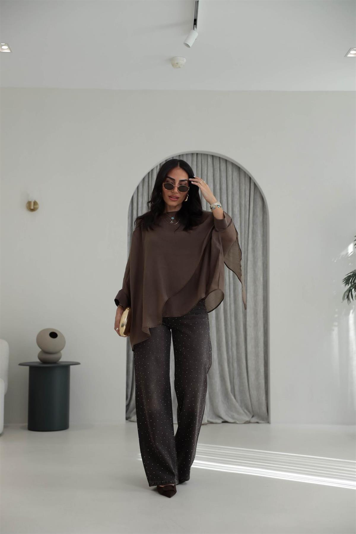 1071K Yıkamalı Taşlı Palazzo Jean YIKAMALI KAHVE