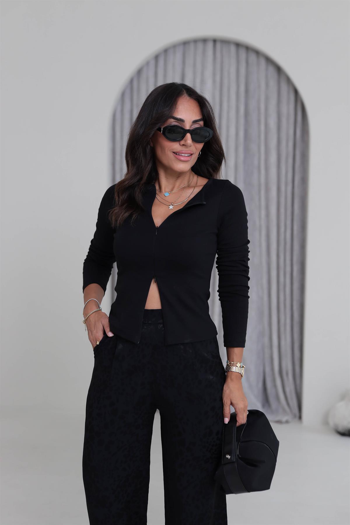 1993 Fermuar Detaylı Uzun Kollu Bluz SİYAH