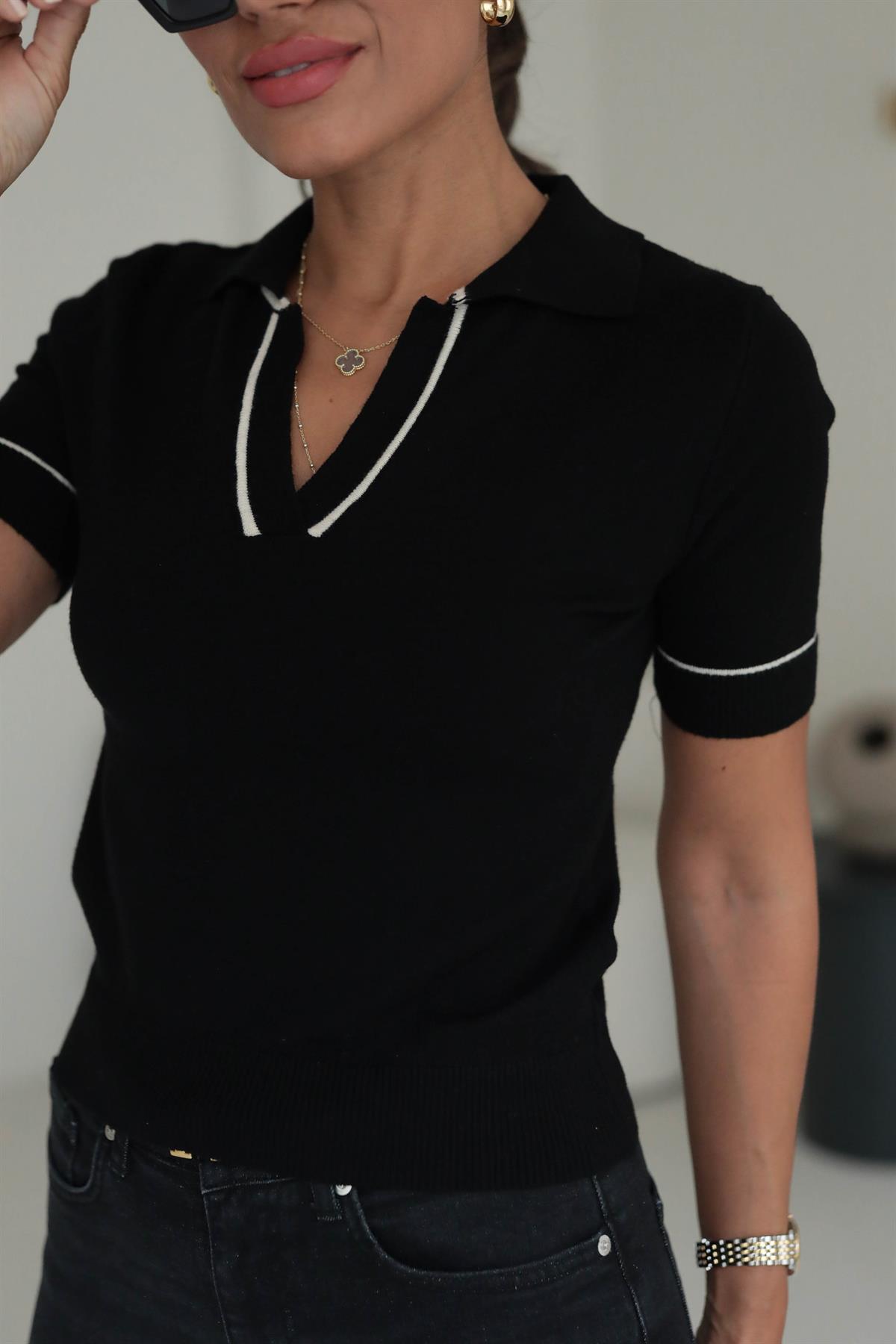 4372 Renk Biyeli Polo Yaka Kısa Kol Triko