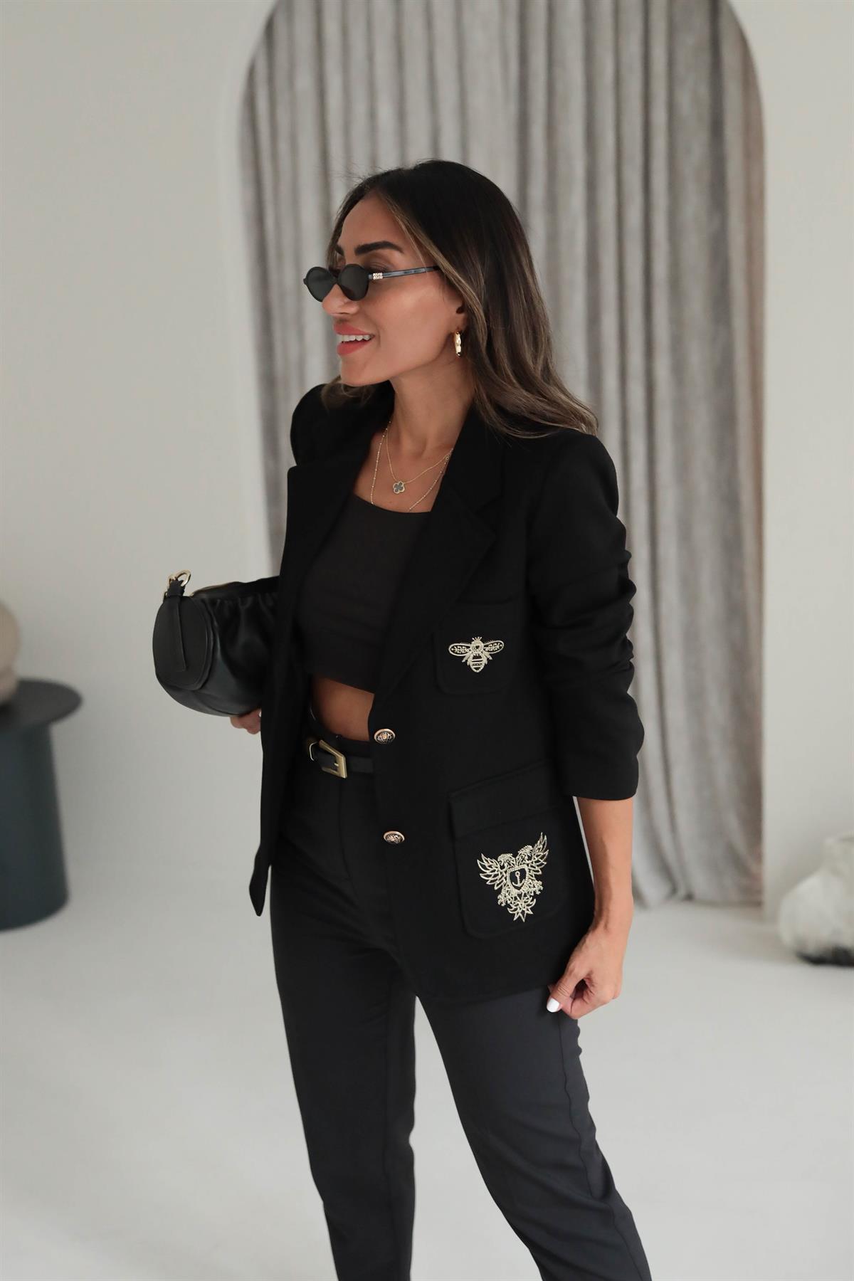 8931 Nakış İşlemeli Blazer Ceket SİYAH