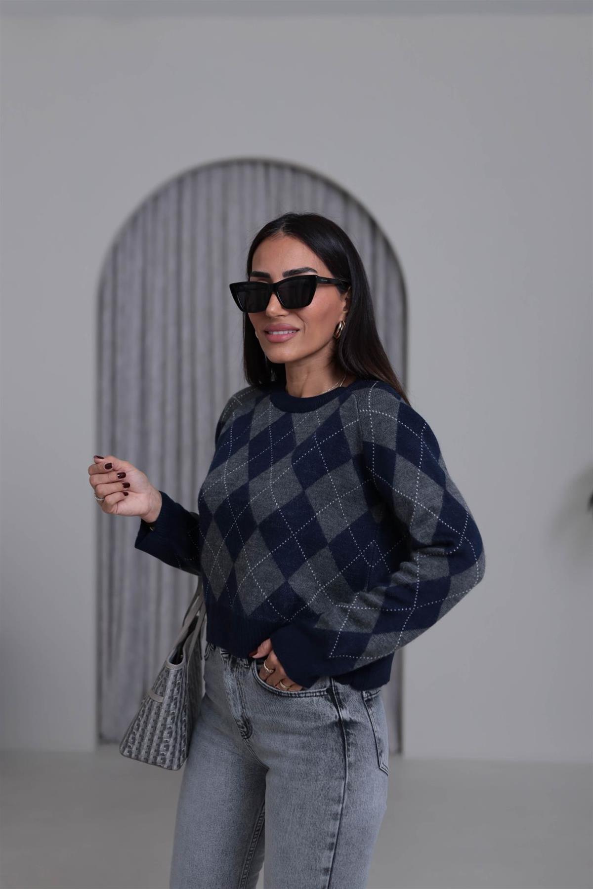 5219 Bisiklet Yaka Baklava Desen Massi Kazak LACİVERT