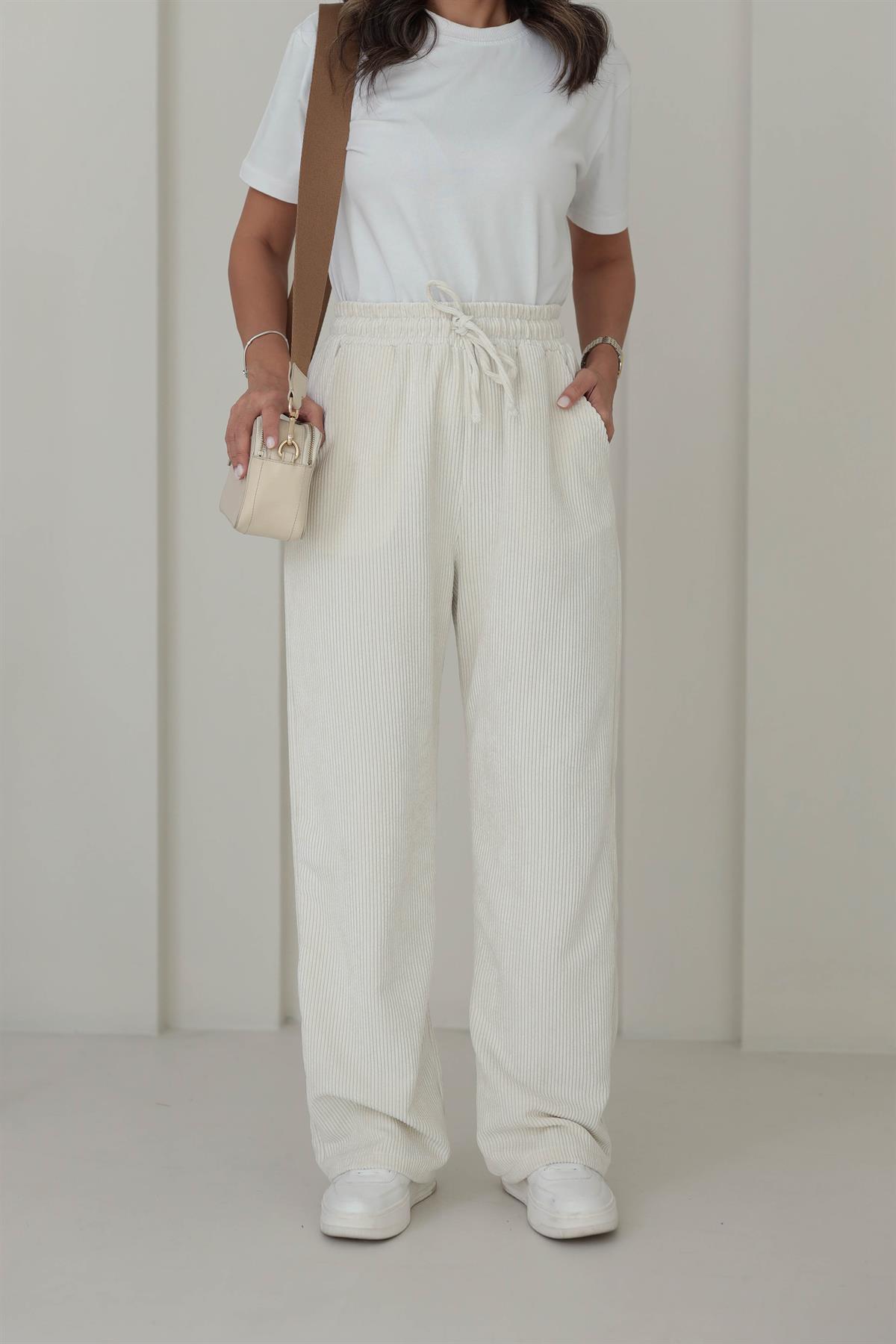 1211 Bol Kalıp Bel Lastikli Kadife Pantolon EKRU
