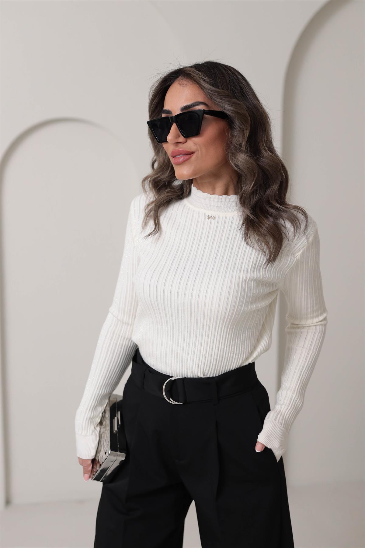 0249 Fitilli Sim İplikli Kurdele Detaylı Triko EKRU