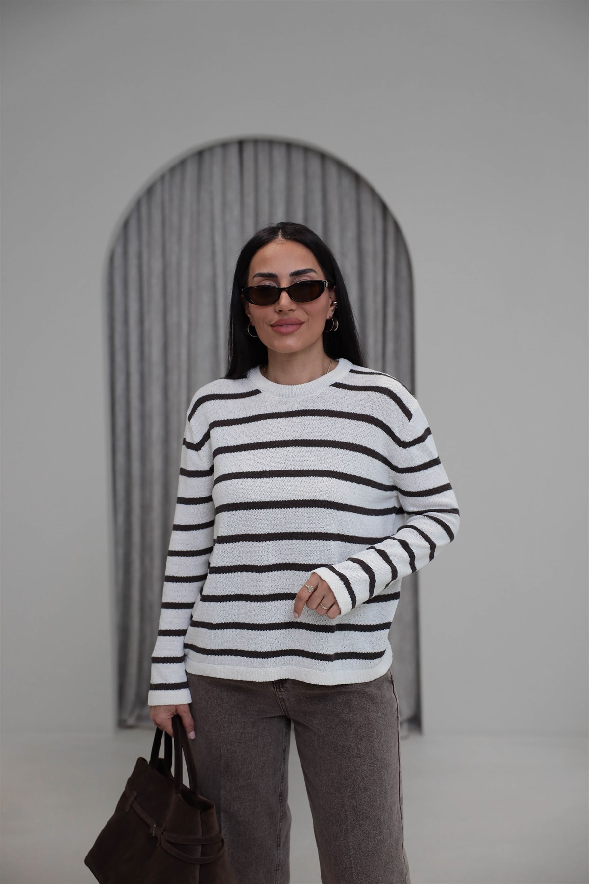 1032 Çizgili Triko Bluz EKRU