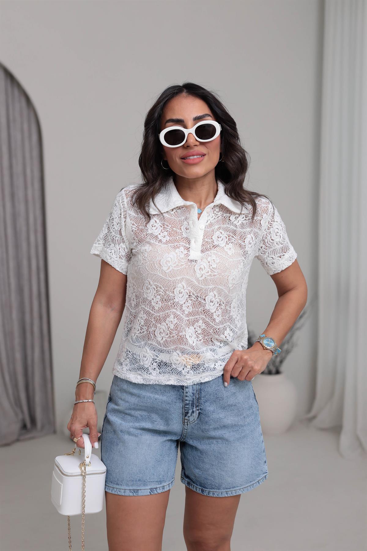 9964 Polo Yaka Dantel Bluz EKRU