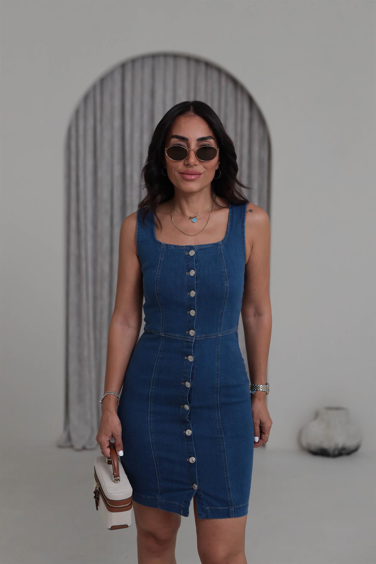 7155 Önü Düğmeli Kalın Askılı Jean Elbise MAVİ