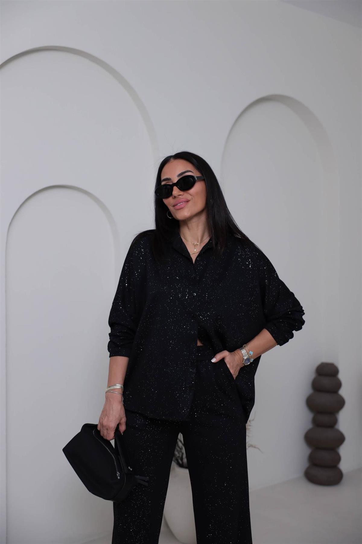 2524  Sim Geçişli Gömlek Pantolon Takım SİYAH