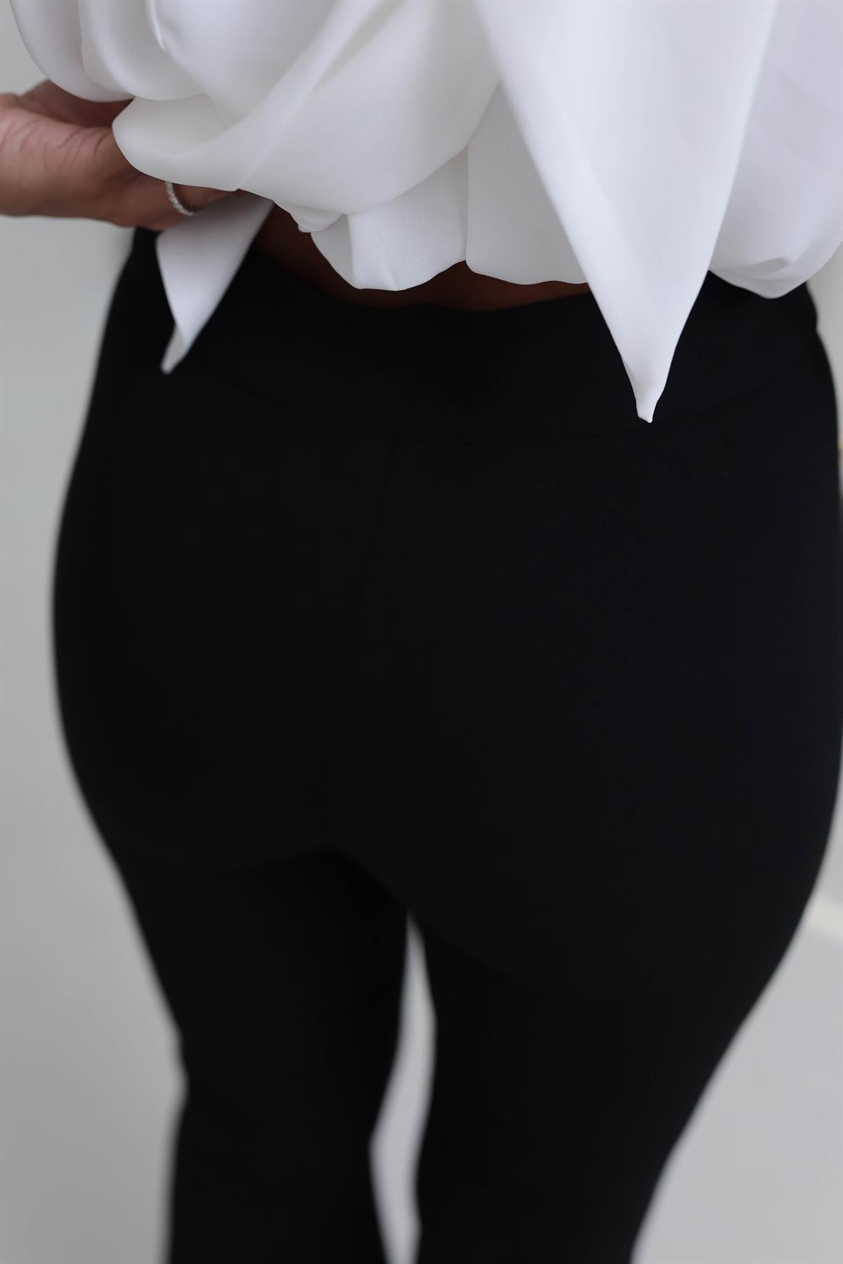 9029 İspanyol Paça Likralı Geniş Kemerli Pantolon SİYAH