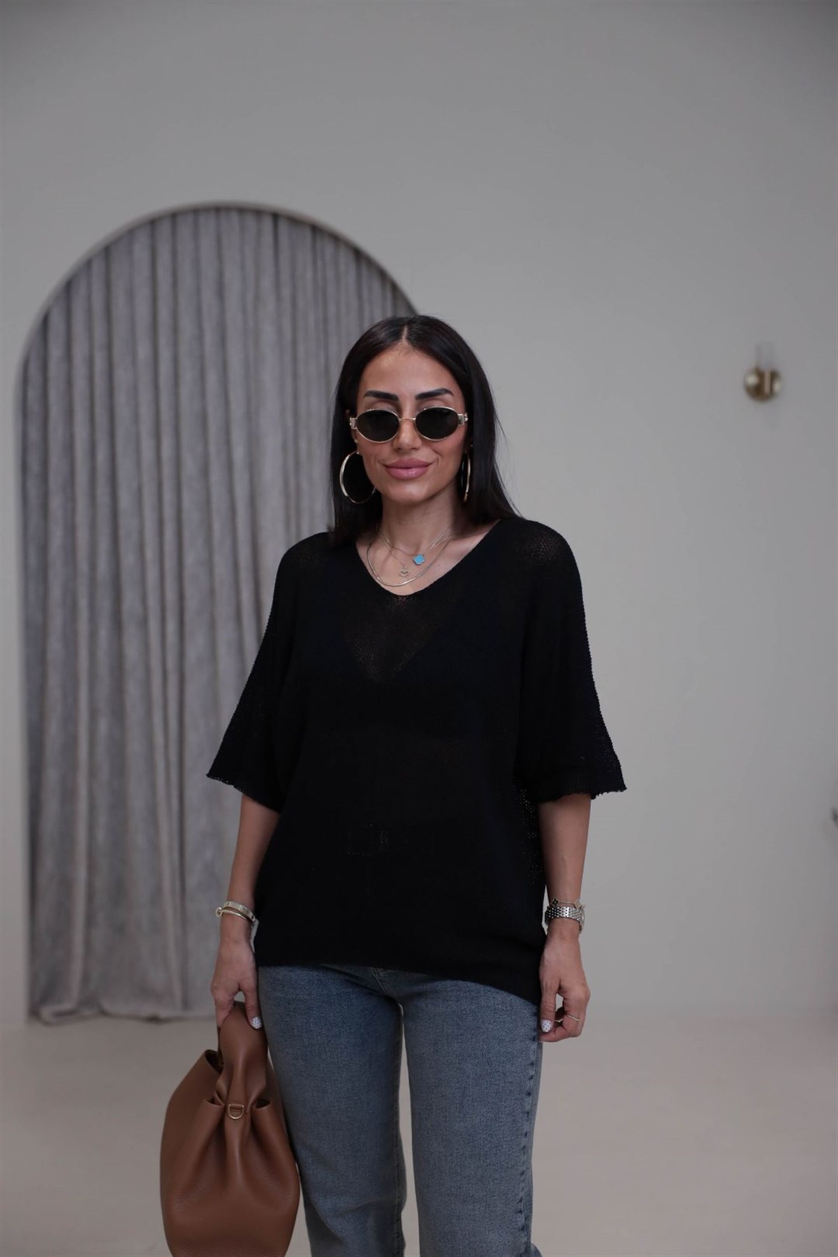 0174 Ajurlu Yarasa Kol Bluz SİYAH