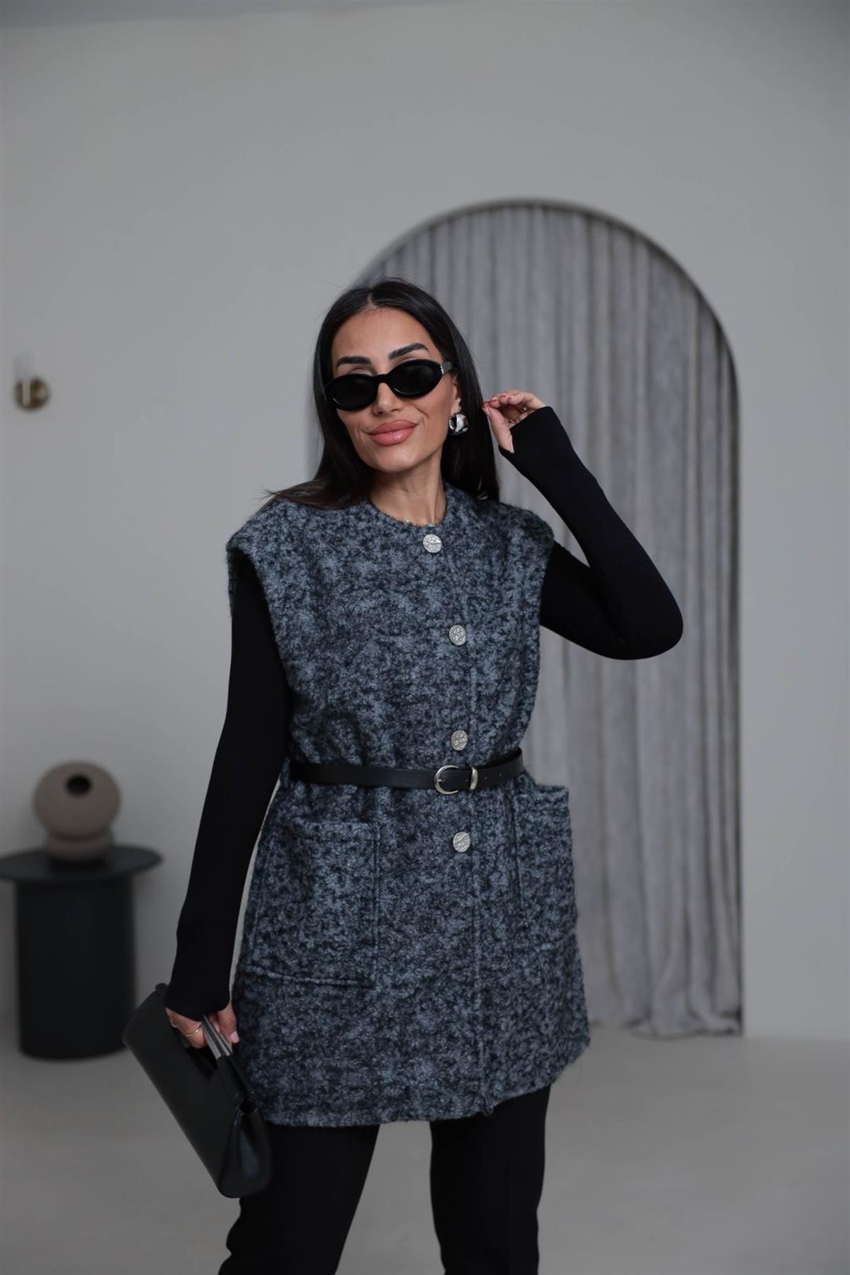 9187 Düğme Ve Kemer Detay Buklet Yelek ANTRASİT