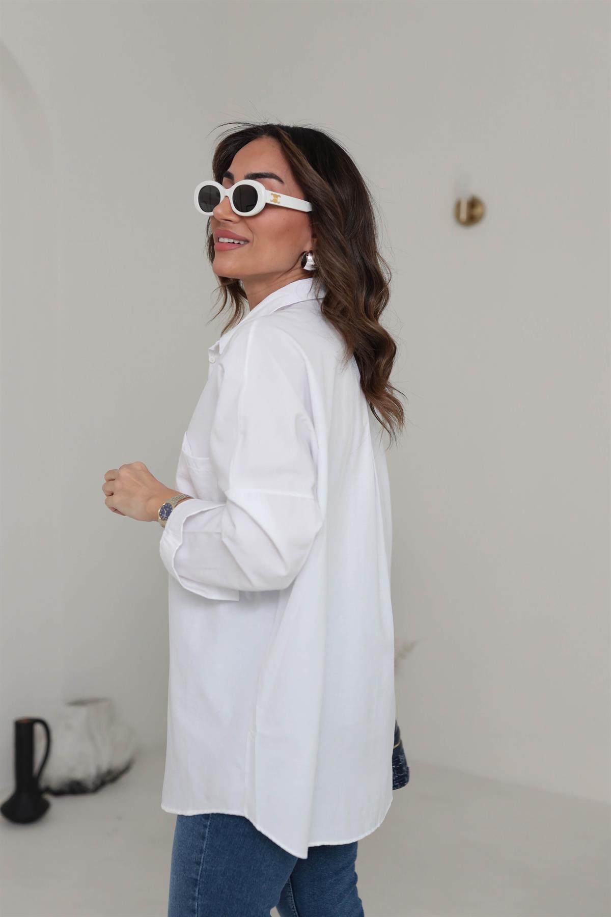 0097 Poplin Kumaş Oversize Gömlek BEYAZ