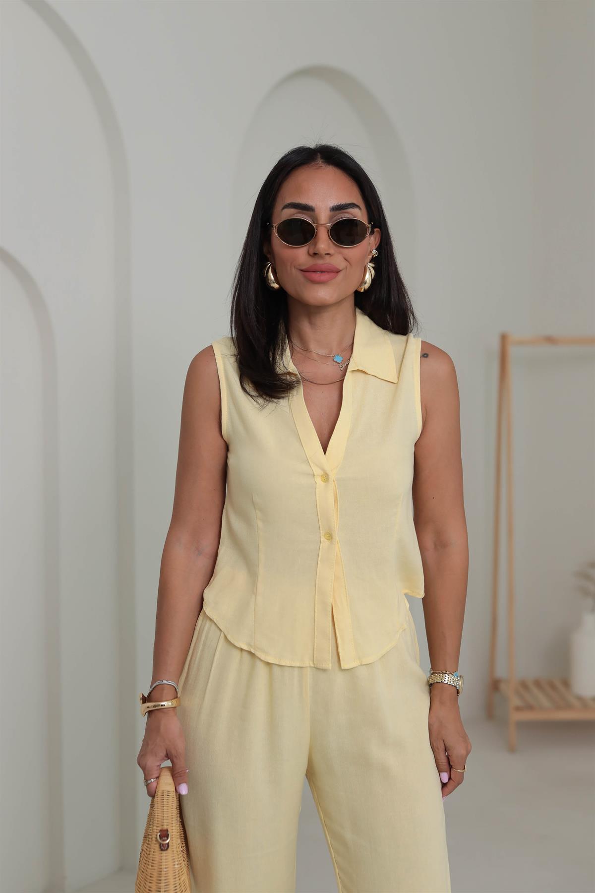 0474 Polo Yaka Yelek & Pantolon Keten Takım SARI