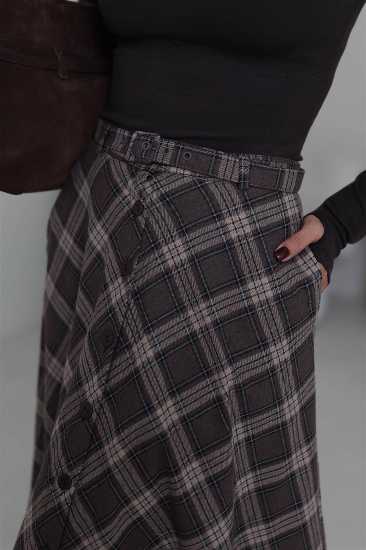 6977 Ön Düğme Detaylı Ekose Çan Etek KAHVE