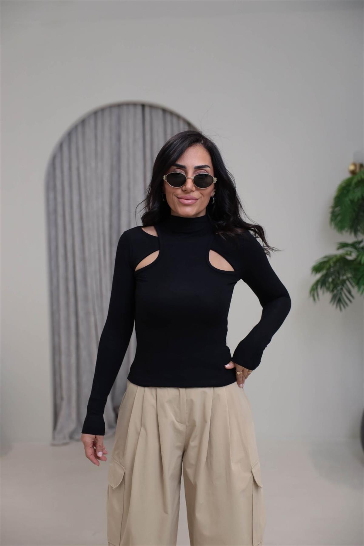 146 Dik Yaka Pencere Detaylı Uzun Kol Modal Bluz SİYAH