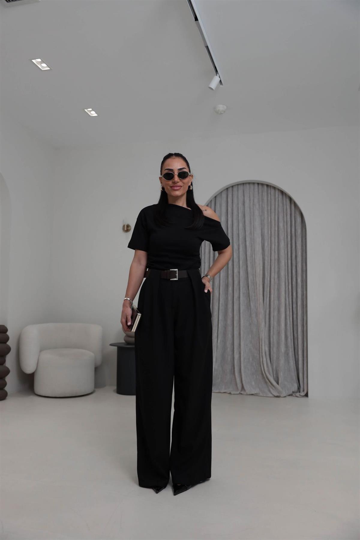 8465 Kemerli Pile Detaylı Kumaş Pantolon SİYAH