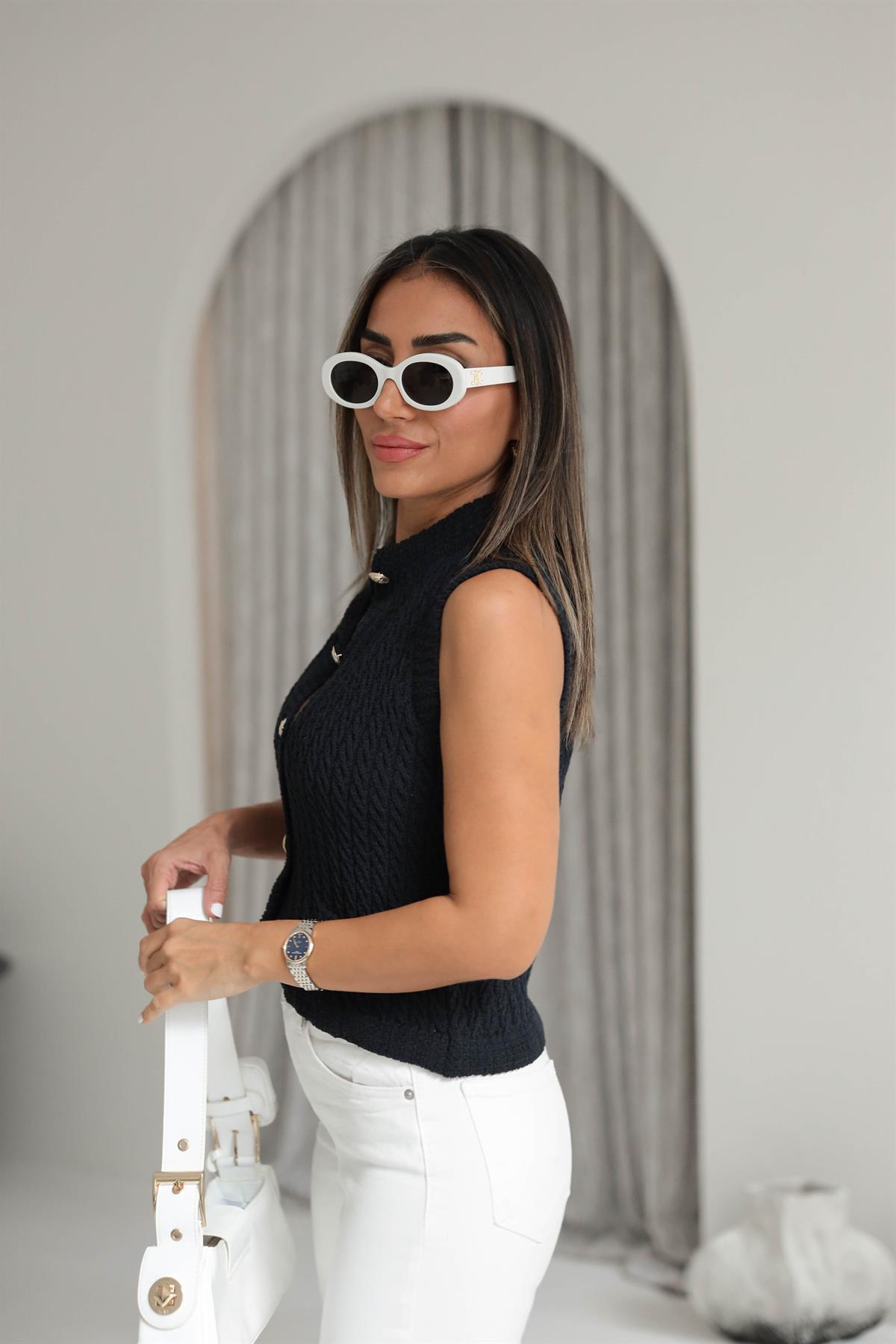 4501 Saç Örgü Detaylı Gold Düğmeli Yelek LACİVERT