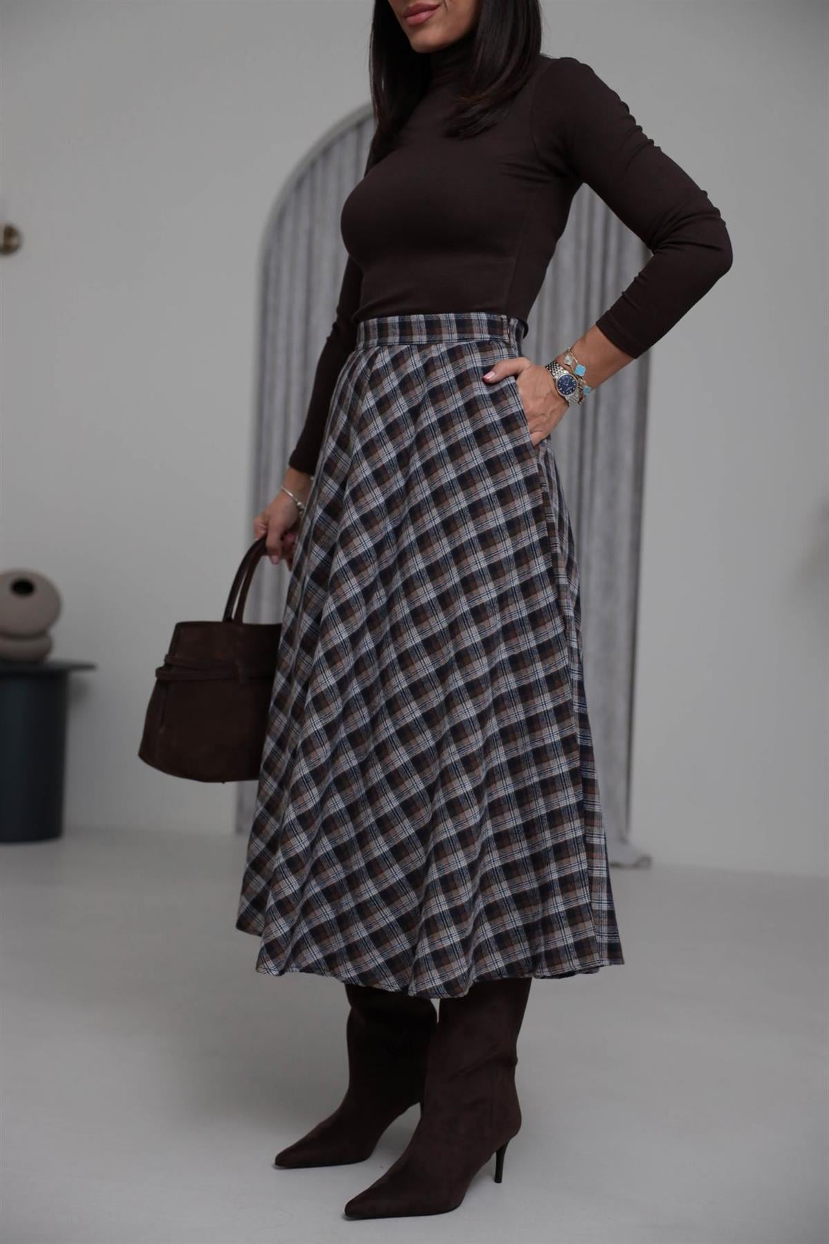 4086 Midi Boy Ekose Etek BEJ-KAHVE