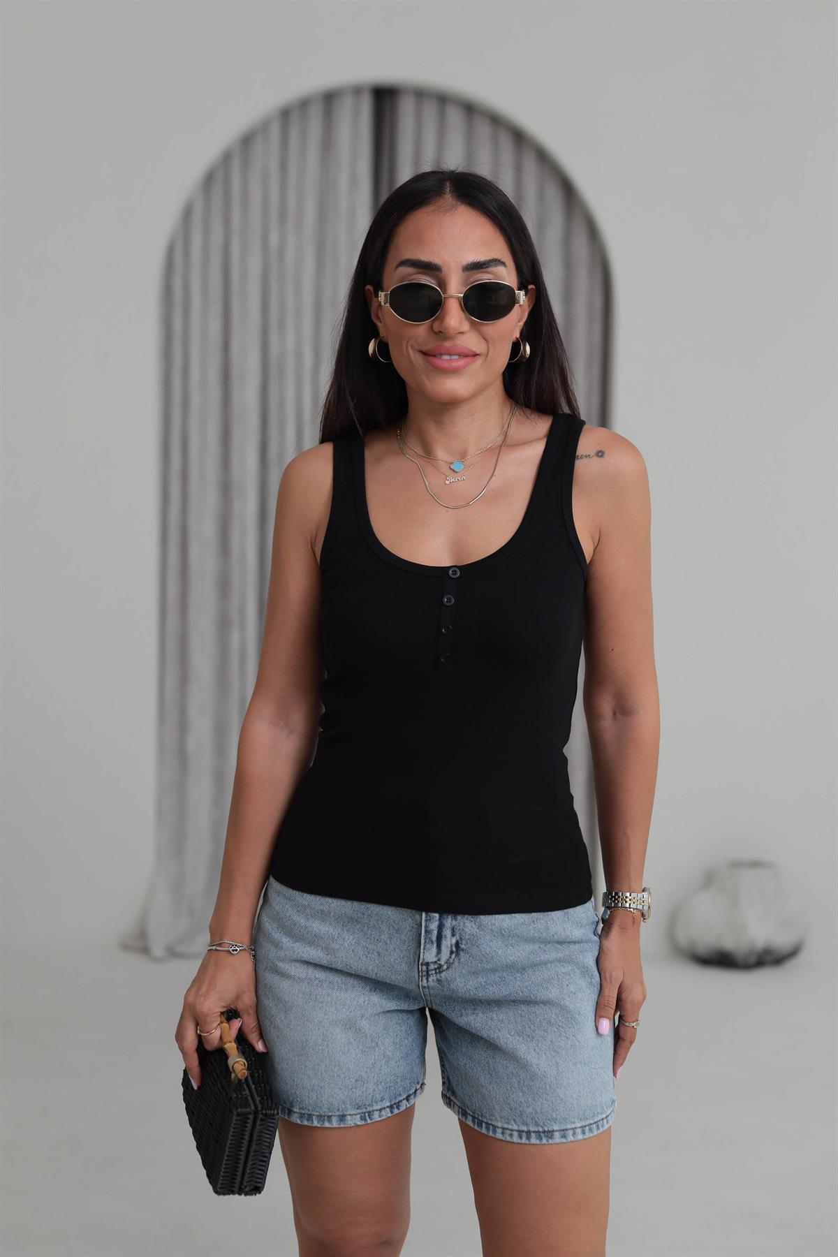 6427 Yarım Düğmeli Pamuklu Atlet SİYAH