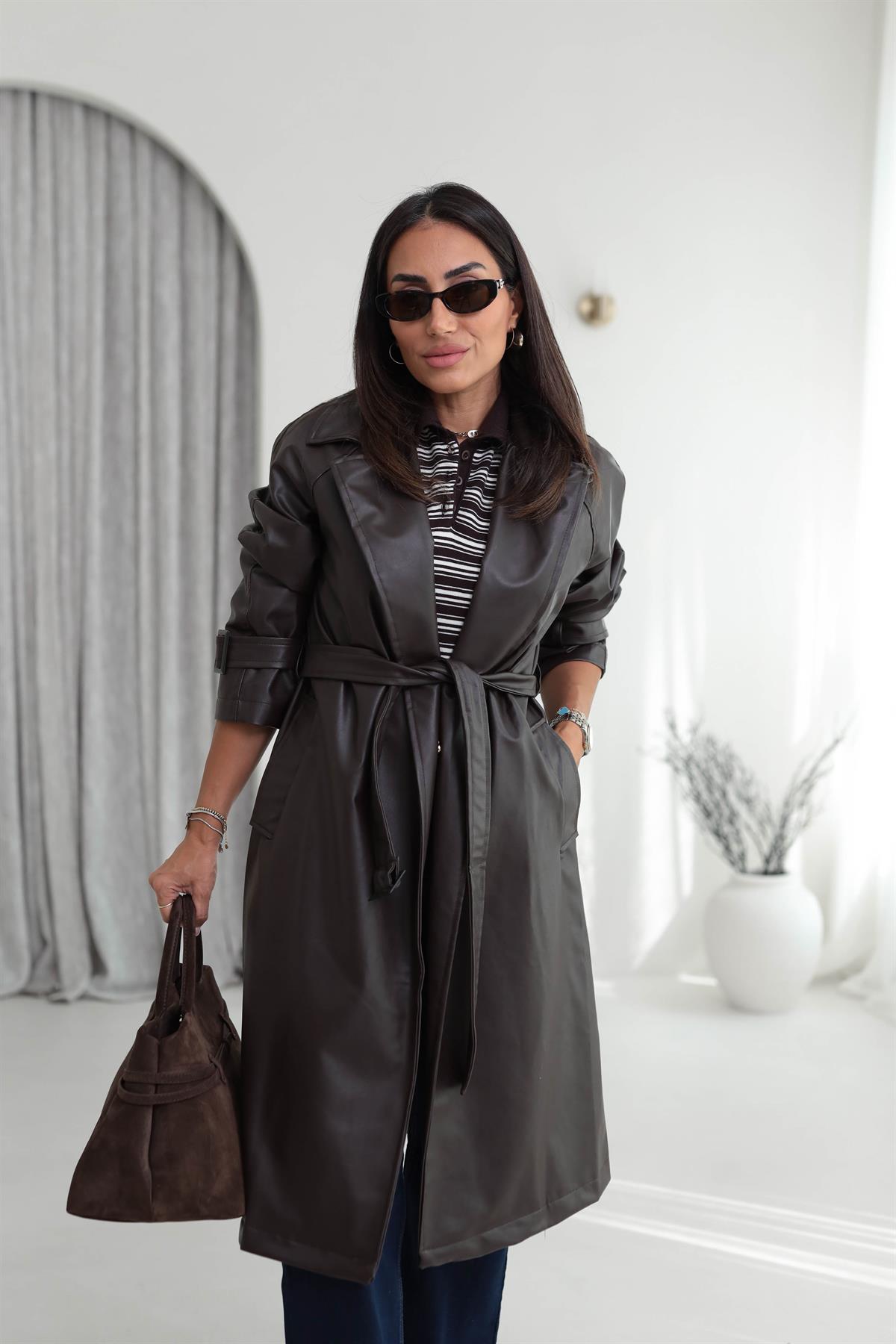 2035 Kemerli Deri Trençkot ACI KAHVE