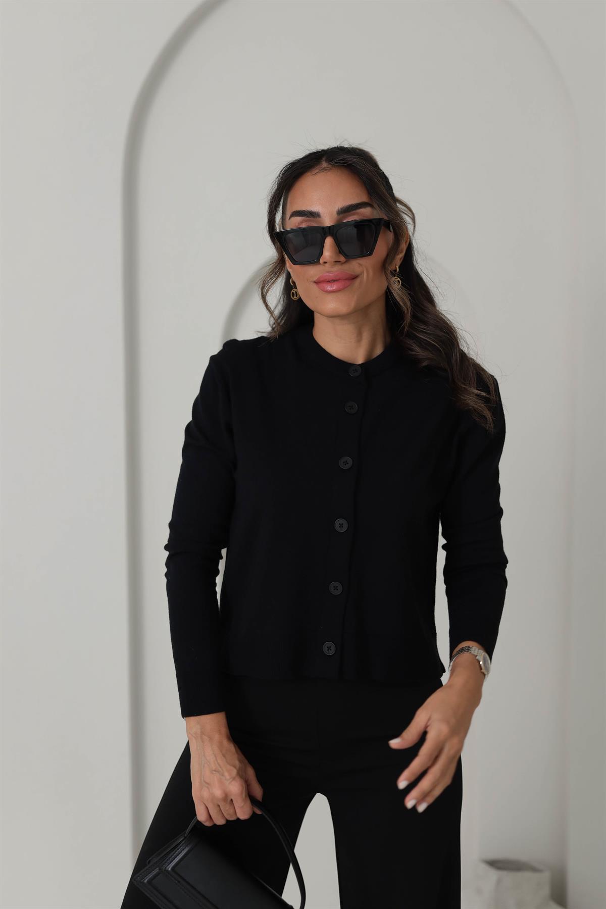 24058 Massi İpek Triko Düğmeli Hırka SİYAH